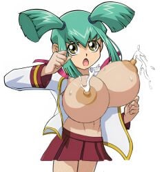 big_breasts bimbo breasts gigantic_breasts green_hair huge_breasts lactation lactation large_breasts luna_(yu-gi-oh!) milk nipples open_clothes short_stack shortstack skirt topless yu-gi-oh! yu-gi-oh!_5d's