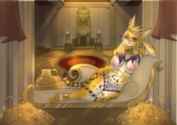 absurd_res accessory amethyst_(gem) anklet anthro areola arm_support bedroom_eyes big_areola big_breasts blonde_hair breasts clothing crown curvy_figure egyptian egyptian_clothing egyptian_headdress felid feline female fur furgonomics gem gold_(metal) greenzlie hair hand_on_hip headgear hi_res jewelry leaning_on_elbow lying mammal markings mostly_nude nachita_the_serval narrowed_eyes necklace nipples on_side pharaoh pink_nipples purple_eyes purple_hair queen queen_basatet ring royalty rug seat seductive serval slightly_chubby solo spots spotted_markings tail tail_accessory tail_jewelry tail_ring tiara treasure treasure_hoard voluptuous white_body white_fur wide_hips yellow_body yellow_fur