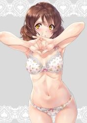 1girls armpits arms_up blush bow bow_bra bow_panties bra breasts brown_hair chestnut_mouth cleavage commentary_request cowboy_shot female floral_print grey_background hibike!_euphonium highres interlocked_fingers nagayori navel oumae_kumiko own_hands_together panties parted_lips print_bra print_panties shiny_skin short_hair small_breasts solo stomach underwear underwear_only white_bra white_panties yellow_eyes