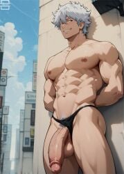 1boy _male abs ai_generated arms_behind_back balls bangs bara blush building erection gintama gintoki_sakata grin hair_between_eyes large_pectorals looking_at_viewer male male_focus male_only male_pubic_hair male_underwear muscular muscular_arms muscular_chest muscular_legs muscular_male muscular_thighs navel nipples outdoors pectorals penis pubic_hair red_eyes short_hair smile solo swim_briefs testicles thick_thighs thighs topless topless_male twitter uncensored veins veiny_penis white_hair yaotashi