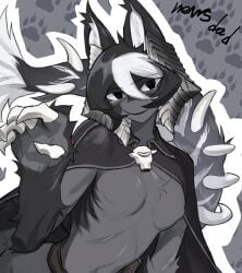 alternate_species anthro black_and_white_hair black_body black_eyes black_fur black_hair cape claws female female_only fur furry grey_fur horns looking_at_viewer made_in_abyss mewmewdad narehate ozen sharp_claws short_hair small_breasts smile solo two_tone_hair