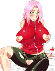 bare_shoulders bike_shorts blush breasts collarbone crotchless curvy edited female green_eyes heart_cutout huge_breasts impossible_clothes impossible_shirt looking_at_viewer naruto nippleless_clothes nipples pink_hair puffy_nipples pussy red_shirt sakura_haruno shiny shiny_skin shirt short_hair shorts simple_background sitting skin_tight sleeveless sleeveless_shirt smile solo sunahara_wataru white_background wide_hips