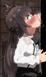1boy absurdres alina_clover bar_censor black_bow black_bowtie black_skirt bow bowtie brown_hair censored deepthroat fellatio female from_side green_eyes guild_no_uketsukejou_desu_ga_zangyou_wa_iya_nanode_boss_wo_solo_toubatsu_shiyou_to_omoimasu heart heart-shaped_pupils highres long_hair male mizumizuni oral penis profile shirt skirt solo_focus straight symbol-shaped_pupils white_shirt x-ray