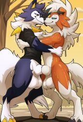 animal_genitalia anthro balls digital_media_(artwork) duo fan_character feral fur generation_7_pokemon genitals hi_res hug lycanroc male male/male midday_lycanroc midnight_lycanroc nintendo pokemon pokemon_(species) sallandril sheath slime solo tail white_body white_fur ymir_(sallandril)