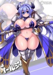 areola_slip axe bikini_armor blush cameltoe curvy dot_mouth full_body great_axe holding_weapon huge_breasts maebari plump ragnarok_online rakuma_kanori royal_guard_(ragnarok_online) thick_thighs useless_armor voluptuous wide_hips