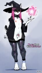 anthro balls chastity_cage chastity_device clothing collar domestic_cat felid feline felis femboy genitals hair hat headgear headwear hi_res jacket legwear magic_user male mammal nipples pink_hair simple_background solo standing stockings topwear vickyx witch_hat yellow_eyes