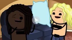 accurate_art_style blonde_hair censor_bar censored cyanide_and_happiness dark-skinned_female fake_play_button fake_video female female_only parody pillow_fight play_button tagme webcomic yuri yuri