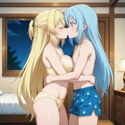 1boy 1girls ai_generated aizawa_azusa_(slime_taoshite_300_nen) androgynous bedroom big_breasts blonde_hair blue_eyes blue_hair boxers_(clothing) female hugging indoors kissing long_hair male night rimuru_tempest slime_taoshite_300_nen_shiranai_uchi_ni_level_max_ni_nattemashita standing tensei_shitara_slime_datta_ken thick_thighs underwear underwear_only very_long_hair yellow_eyes