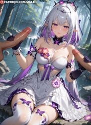 1girls 2boys ai_generated bangs blush castorice_(honkai:_star_rail) double_handjob gloves half-closed_eyes handjob highres honkai:_star_rail long_hair looking_at_viewer malth medium_breasts mmf_threesome multicolored_hair multiple_boys multiple_penises outdoors penis pointy_ears purple_eyes sitting thick_thighs thighhighs threesome white_hair