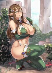 1girls bangs bare_shoulders blush boots breast_hold breasts brown_hair brown_haired_glasses_elf_(houtengeki) cleavage day earrings elbow_gloves elf female female_only fingerless_gloves fingernails glasses gloves green_eyes hair_ornament houtengeki jewelry kneeling large_breasts long_hair looking_at_viewer navel open_mouth original original_character outdoors pointy_chin pointy_ears revealing_clothes rimless_glasses shiny shiny_skin sleeveless solo thick_thighs thigh_boots thighhighs thighs toned wide_hips