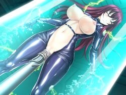 blush bodysuit bondage bound breasts breasts_out censored closed_eyes dutch_angle electricity female forced_orgasm frontless_outfit game_cg green_eyes huge_breasts in_container large_variant_set latex liese_heldebrand long_hair mosaic_censoring navel nengoku_no_liese nipples non-web_source object_insertion official_art open_bodysuit open_clothes purple_hair pussy restrained rindou_(radical_dream) sex_machine shiny_clothes skin_tight solo stasis_tank stationary_restraints tube vaginal_object_insertion vaginal_penetration variant_set water_tank