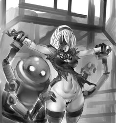 blindfold bottomless breasts dangling_legs female held_up nier nier:_automata pussy stockings white_hair yorha_2b