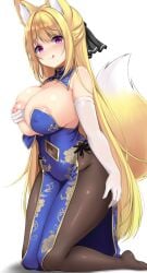 2025 absurd_res animal_humanoid areola armwear asian_clothing big_breasts blonde_hair breasts canid canid_humanoid canine canine_humanoid chinese_clothing chinese_dress clothing dress east_asian_clothing elbow_gloves female fox_humanoid gloves hair handwear hi_res holding_breast humanoid kneeling legwear licking licking_lips mammal mammal_humanoid nipples one_breast_out pantyhose purple_eyes sogaya solo tongue tongue_out