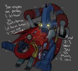 3_toes anal anthro ballistamon bandai_namco blue_eyes claws digimon digimon_(species) digimon_xros_wars duo electronics feet genitals hands_behind_head hi_res jagged_mouth machine male male/male penis pirruwan red_body scalie scarf sex shaking shoutmon shoutmon_(king_ver.) size_difference small_dom_big_sub tail toes trembling yellow_eyes