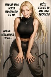 ai_generated big_ass big_breasts big_thighs blue_eyes boots breasts female hands_on_own_thighs high-waist_pants jujutsu_kaisen large_ass large_breasts large_thighs lips long_hair looking_at_viewer pants shirt smile solo solo_female taut_clothes turtleneck yuki_tsukumo