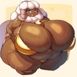 1:1 anthro ass ass bell bell_collar belly big_ass big_belly big_breasts big_butt bikini bikini_bottom bikini_top biped black_eyes bodily_fluids bovid bracelet breasts brown_body caprine cleavage clothed clothing collar curvy_figure english_text eyeshadow female generation_8_pokemon gold_bikini hair hi_res horizontal_pupils huge_ass huge_belly huge_breasts huge_butt huge_thighs hyper hyper_breasts hyper_butt jewelry lightmizano long_hair makeup mammal navel nintendo obese obese_anthro obese_female open_mouth overweight overweight_anthro overweight_female pokemon pokemon_(species) pupils sheep short_stack skimpy solo stevest58244496 stick_figure sweat swimwear text thick_thighs two-piece_swimsuit voluptuous voluptuous_female white_hair wide_hipped_anthro wide_hipped_female wide_hips wool_hair wooloo