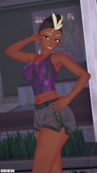 1girls arrancon black_hair black_hair_female blonde_streak buzz_cut clothed_female female hand_on_hip harriet_bree pose posing purple_eyes rwby shorts solo_female