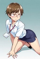 ai_generated angry angry_expression angry_face femboy feminine_male girly glasses hinemosu hinemosu_notari_style light_skinned_femboy looking_back male office office_lady office_lady_outfit on_knees otoko_no_ko style