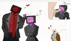 1girls 2boys :3 artist_request blowjob condom cum cum_on_face dark_speakerman female male nude_male sad screen_face simp_cameraman_(skibidi_toilet) skibidi_toilet smile smiling tv_woman_(skibidi_toilet)