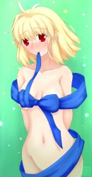 1girls ahoge arcueid_brunestud arms_behind_back blonde_hair blush breasts female hips implied_nudity large_breasts looking_at_viewer melty_blood naked no_bra no_panties nude nude_female nudity ribbon short_hair smile thick_thighs tsukihime wide_hips wrapped_in_ribbons