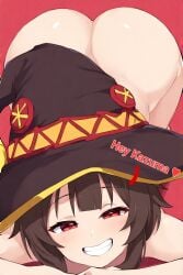 1female 1girls ai_assisted ai_generated ass ass_focus ass_up big_ass brown_hair female female_focus female_only inminent_sex inviting inviting_to_sex jack-o_pose kono_subarashii_sekai_ni_shukufuku_wo! looking_at_viewer megumin perchance_ai red_eyes short_hair simple_background smile smiling smiling_at_viewer teasing teasing_viewer teenage_girl teenager witch_hat