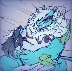 ace_(kamex) anthro areola bed bed_sheet bedding big_areola big_pecs blue_body blue_fur blue_skin blush bodily_fluids bovid bskelebunny01 caprine chest_markings claws closed_eyes crystal demon dragon duo ear_piercing ear_ring floppy_ears fluffy fluffy_chest fur furniture goat green_accents hair heart_symbol hi_res holding_another horn hybrid kerchief long_hair long_tail looking_at_another male male/male mammal markings mythological_creature mythological_scalie mythology nipple_fetish nipple_play nipple_suck passionate pec_grab pecs piercing pillow retrospecter_(character) ring_piercing saliva scalie smile spikes sucking tail tuft white_body white_fur white_hair