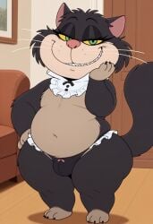 1boy 2d ai_assisted ai_generated anthro black_eyeshadow black_fur black_panties bulge bushy_tail chubby cinderella_(1950_film) disney evil_smile eyeshadow fat_legs feline femboy furry_male green_eyes half_closed_eyes indoors living_room long_eyelashes looking_at_viewer lucifer_(cinderella) makeup male nails obese sharp_teeth short_stack smirk solo tiny_bulge two_tone_fur whiskers white_muzzle wide_hips yellow_sclera