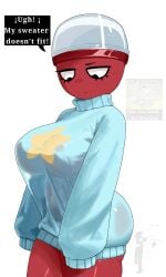 2d dandy's_world dandys_world digital_drawing_(artwork) digital_media_(artwork) english_text female female_focus female_only gigi_(dandy's_world) not_minus red_skin sweater tagme text text_box thick_thighs translucent_clothing white_background