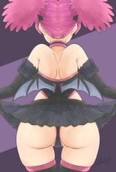 absurdres armpit_crease ass ass_focus black_gloves black_leotard black_skirt black_thighhighs boku_no_hero_academia clothes_lift female from_behind gloves haneyama_kazuho highres leotard lifting_own_clothes my_hero_academia my_hero_academia:_vigilantes partially_visible_vulva purple_background short_twintails shu~~n signature simple_background skirt skirt_lift solo thighhighs twintails