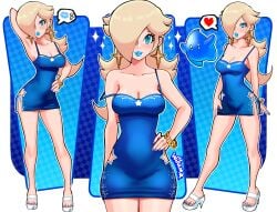 1girls alternate_version_available armwear big_breasts big_lips bimbo blonde_hair blue_dress blue_eyes blue_lips blue_lipstick blue_nail_polish blue_nails bracelet breasts cleavage clothing dress ear_piercing earrings female female_focus footwear full_body hair hair_over_one_eye hand_behind_head hand_on_hip heart heart-shaped_pupils heels hips legs lips lipstick long_hair luma mario_(series) nail_polish nails nintendo princess_rosalina question_mark short_dress sparkles speech_bubble spoken_heart star thick_lips thighs toenail_polish wiluma