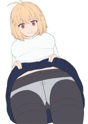 ahoge arcueid_brunestud ass_visible_through_thighs black_pantyhose blonde_hair breasts clothes_lift commentary english_commentary female from_below gusset highres large_breasts meph1l panties panties_visible_through_clothes pantyhose presenting_pussy red_eyes short_hair skirt skirt_lift smile tsukihime tsukihime_(remake) underwear unfinished white_panties