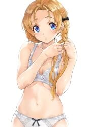1girls bare_shoulders blush bow bow_panties bra braid braiding_hair breasts cleavage collarbone commentary_request cowboy_shot eyelashes female french_braid girls_und_panzer hairbow hairdressing hand_in_own_hair hands_in_hair highres holding holding_own_hair long_hair looking_at_viewer nagayori navel orange_pekoe_(girls_und_panzer) panties parted_bangs parted_lips simple_background small_breasts solo tying_hair underwear underwear_only white_background white_bra white_panties