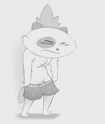 anthro boxers dofus ecaflip feline fur furry josephtl kerub_crepin male male_only mammal monochrome penis scar simple_background sketch solo standing topless underwear