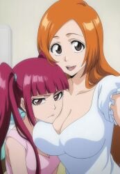 2girls ai_generated big_breasts bleach breasts busty cleavage clothed clothing curvy dokugamine_riruka female female_only head_on_breasts inoue_orihime long_hair lovehuwu orange_hair pink_hair twintails yuri