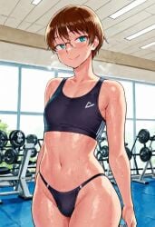 ai_generated femboy feminine_male girly glasses gym hinemosu hinemosu_notari_style light_skinned_femboy male otoko_no_ko sports_bra style sweaty sweaty_body workout_clothes