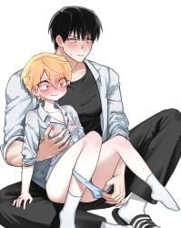 10009_xp 2boys androgynous bishounen black_eyes black_hair blonde_hair blush breasts character_name collared_shirt commission eyebrows_hidden_by_hair eyeliner flip-flops grabbing_another's_breast groping hair_between_eyes heart height_difference high_school_boy highres hong_iltak korean_text lee_hyunwoo makeup male male_focus male_with_breasts multiple_boys otoko_no_ko panties panty_pull red_eyeliner red_eyes sandals school_uniform shirt simple_background sitting sitting_on_lap sitting_on_person small_breasts socks striped_clothes striped_panties sweat underwear wavy_mouth white_background white_shirt white_socks yaoi