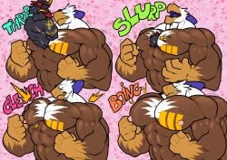 absorption absorption_vore anthro avian bald_eagle beak demon engis_(trencalos) furry horn male male/male male_only markings merging muscle_growth muscles muscular muscular_male pec_absorption pec_vore shark trencalos vore