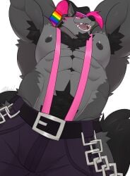 abs anthro armpit_hair armpits bara buff bulge bulge_through_clothing bulge_through_swimsuit canid canine canis furry gay gay_furry male mankini muscular muscular_male pink_mankini sexy wolf yaoi