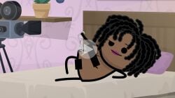 accurate_art_style bedroom camera censor_bar censored cyanide_and_happiness dark-skinned_female fake_play_button fake_video handcuffs laying_on_bed looking_at_viewer parody play_button tagme webcomic