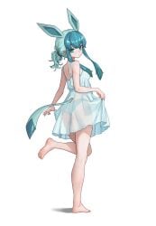 1girls animal_ears aqua_camisole aqua_eyes aqua_hair aqua_panties ass barefoot camisole covered_nipples expressionless female full_body glaceon highres humanized long_hair looking_at_viewer looking_back nihu panties personification pokemon ponytail see-through see-through_camisole sidelocks simple_background soles solo standing standing_on_one_leg tail underwear white_background