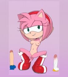 1girls amy_rose catrash dildo female female_only naked small_breasts solo sonic_(series) sonic_the_hedgehog_(series) squatting white_dildo