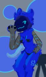american_opossum anthro blue_body blue_fur clothing cybernetic_limb cypress_(milkteabirb) electronics female fur hi_res hyperion_(milkteabirb) mammal marsupial milkteabirb panties pasties phone protogen_visor solo underwear