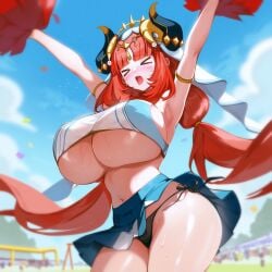 >_< ai_generated arm_behind_head arm_up armpits arms_behind_head arms_up, bare_legs bare_shoulders belly big_breasts blue_sky blush cheerleader closed_eyes cloudy_sky dynamic_pose from_below frown genshin_impact gigantic_breasts hair_ornament huge_breasts large_breasts long_hair miniskirt navel nilou_(genshin_impact) outdoors panties playground plump pom_pom_(cheerleading) pom_poms red_hair seductive seductive_eyes seductive_look side-tie_panties sports_bra stadium stadium_background sweat sweatdrop sweating sweaty thick_thighs thigh_strap underboob wet_clothes wet_panties wide_hips