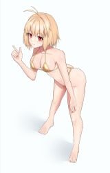 absurdres ahoge arcueid_brunestud ass barefoot bikini blonde_hair blush breasts cleavage female gold_bikini golden_week hand_on_own_thigh highres large_breasts looking_at_viewer meph1l pointing red_eyes short_hair simple_background smile swimsuit thighs tsukihime tsukihime_(remake)