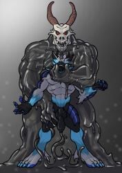 anthro blue_body bone claws cock cum dick furry goo_creature horn male male_only masturbation muscles muscular muscular_male penis semen size_difference skull slime trencalos
