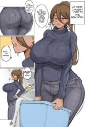 1girls back_pain brown_hair comic dark-skinned_female english_text female genderswap genderswap_(mtf) half-closed_eyes holding_object huge_ass huge_breasts large_breasts long_hair looking_at_viewer milf minori_(user_eket5233) open_mouth original pain purple_eyes rule_63 solo standing sweat sweater thick_thighs tired white_background wide_hips
