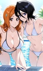 2girls ai_generated big_breasts bikini black_hair bleach breasts busty cleavage curvy female female_only friends inoue_orihime kuchiki_rukia long_hair looking_at_viewer orange_hair outdoors outside petite petite_body pool poolside sfgh short_hair size_difference small_breasts smile thick_thighs voluptuous