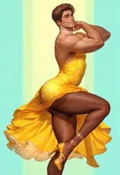 ai_generated anklet ass big_ass big_butt black_pantyhose boy brown_hair bubble_ass bubble_butt choker crossdressing dress hazel_eyes heels high_heels lace_choker leg_up looking_at_viewer male nylons pantyhose plump_ass round_ass round_butt smile solo tallcallipygian tcallipygian thick_thighs thighs white_choker yellow_dress yellow_heels