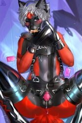 anthro anus balls bit_gag black_body blue_eyes bodily_fluids bondage bondage_gear bondage_gloves boots canid canine canis chastity_cage chastity_device clothing dripping drooling femboy footwear gag gagged garter_belt garter_straps genital_fluids genitals handwear hi_res hoof_boots hoof_gloves legwear lying male mammal on_back petplay polly-lolly ponyplay precum precum_drip presenting red_body restrained roleplay saliva shoes solo spread_legs spreading submissive submissive_anthro submissive_male thigh_highs wolf