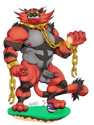 1boy 2017 arkanoego bara barefoot belly biceps black_fur chains claws collar dripping erection fangs feet feline full-length_portrait full_length fur furry grass green_eyes grey_fur grey_penis handcuffs hi_res incineroar looking_at_viewer male male_only master_ball musclegut muscular navel nintendo nipples nude onomatopoeia outdoors paws pecs penis poke_ball pokemon pokemon_sm portrait precum pubic_hair red_fur shackles sharp_teeth signature simple_background solo sound_effects standing stripes tail teeth testicles text toes veins veiny_penis video_games white_background yellow_sclera